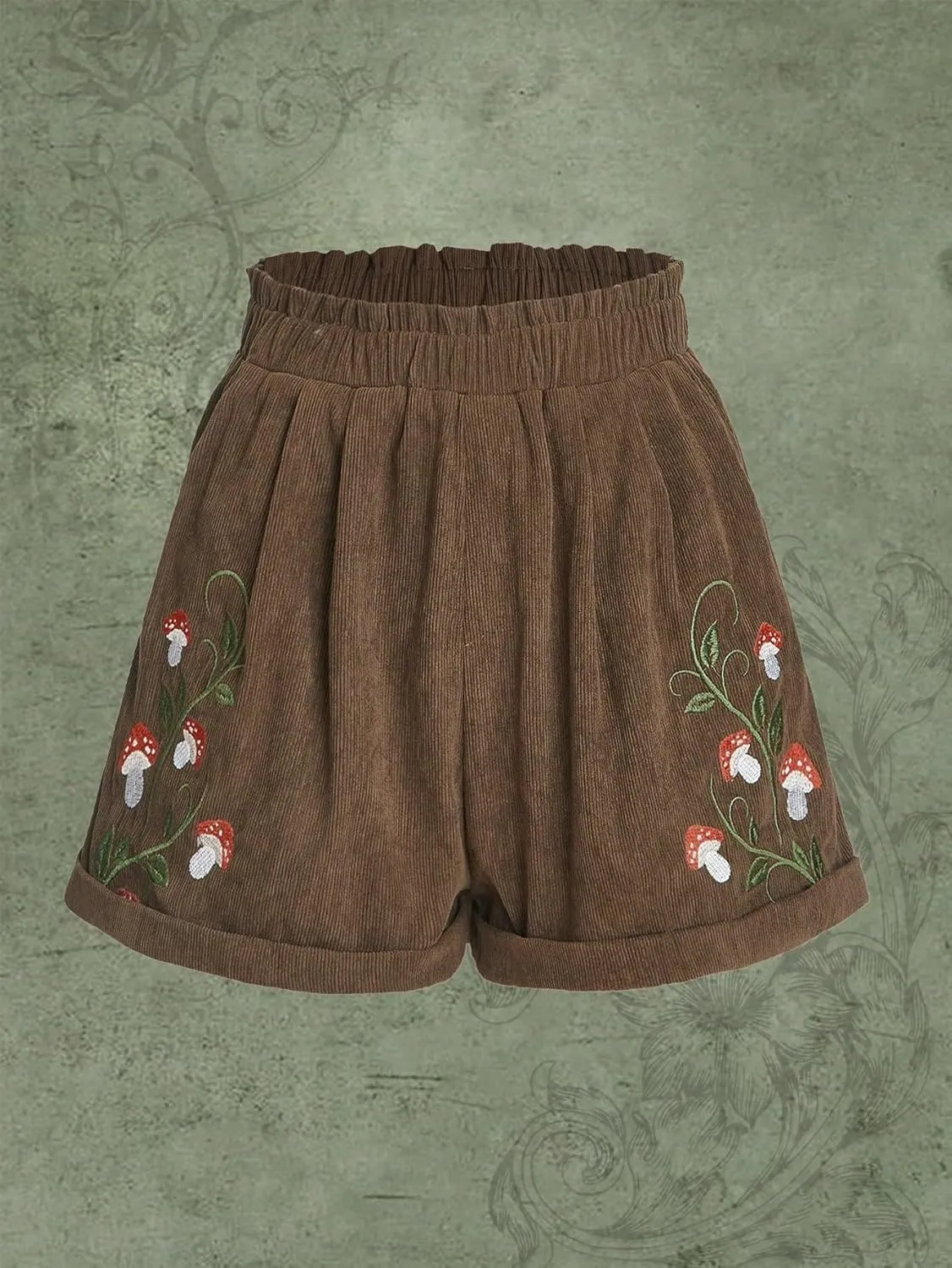 COZYEASE Women's Plants Embroidery Corduroy Shorts Paperbag Waist Elastic Waist Straight Leg Casual Shorts