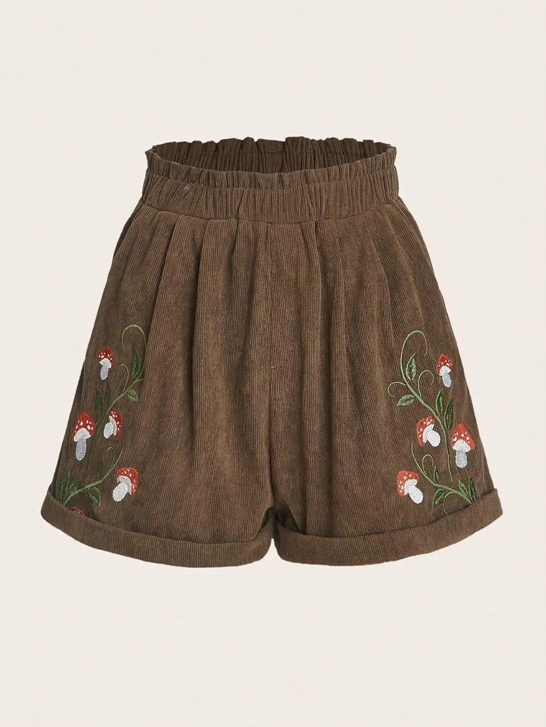 COZYEASE Women's Plants Embroidery Corduroy Shorts Paperbag Waist Elastic Waist Straight Leg Casual Shorts