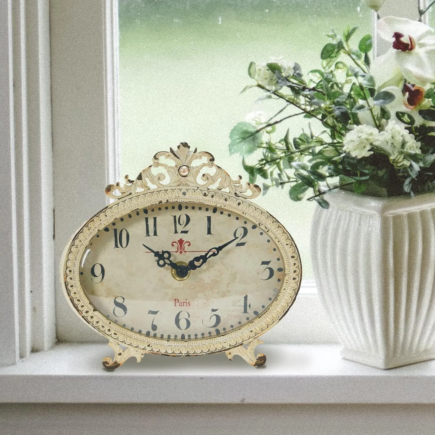 Creative Co-Op Distressed Pewter Mantel Clock, Cream