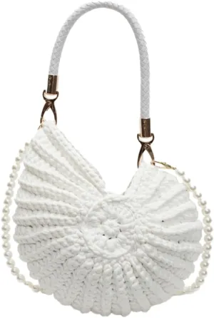 Crochet Seashell Purse with Pearl Chain Handwoven Evening Bag Knit Shell Shaped Wristlet Purse Crossbody Handbag Beach Bag
