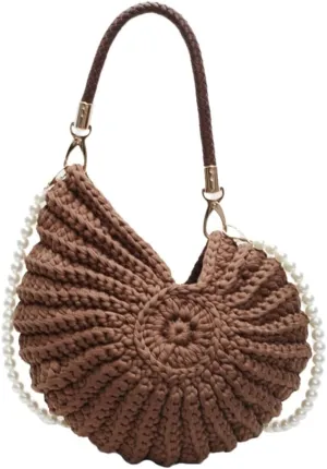 Crochet Seashell Purse with Pearl Chain Handwoven Evening Bag Knit Shell Shaped Wristlet Purse Crossbody Handbag Beach Bag