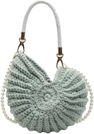 Crochet Seashell Purse with Pearl Chain Handwoven Evening Bag Knit Shell Shaped Wristlet Purse Crossbody Handbag Beach Bag