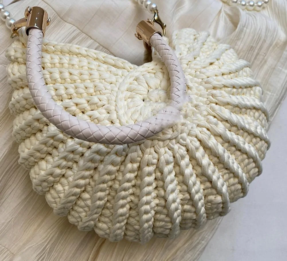 Crochet Seashell Purse with Pearl Chain Handwoven Evening Bag Knit Shell Shaped Wristlet Purse Crossbody Handbag Beach Bag