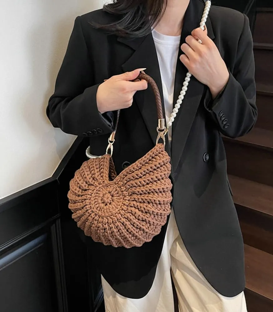 Crochet Seashell Purse with Pearl Chain Handwoven Evening Bag Knit Shell Shaped Wristlet Purse Crossbody Handbag Beach Bag