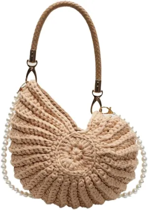 Crochet Seashell Purse with Pearl Chain Handwoven Evening Bag Knit Shell Shaped Wristlet Purse Crossbody Handbag Beach Bag