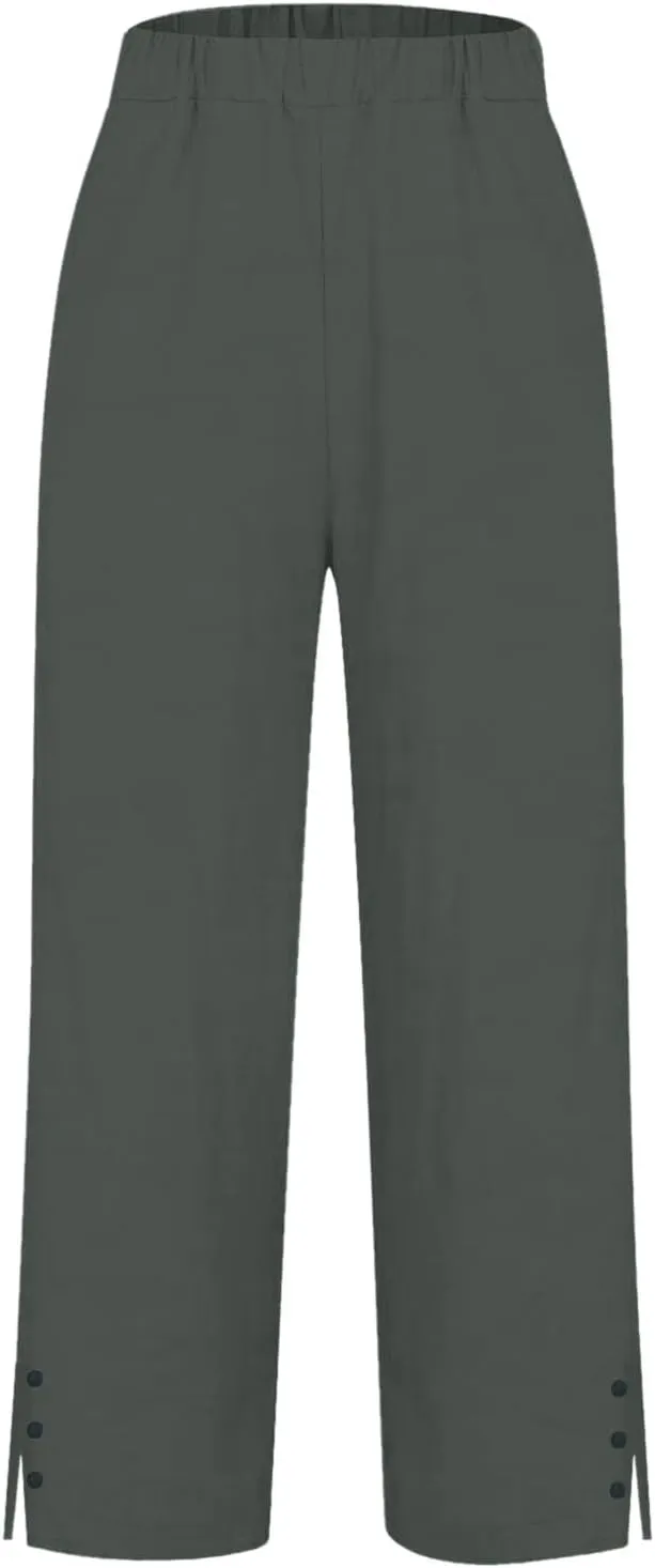 Cropped Linen Pants Women Summer Elastic Waist Straight Leg Plus Size Crop Pants Casual Beach Trousers with Pockets
