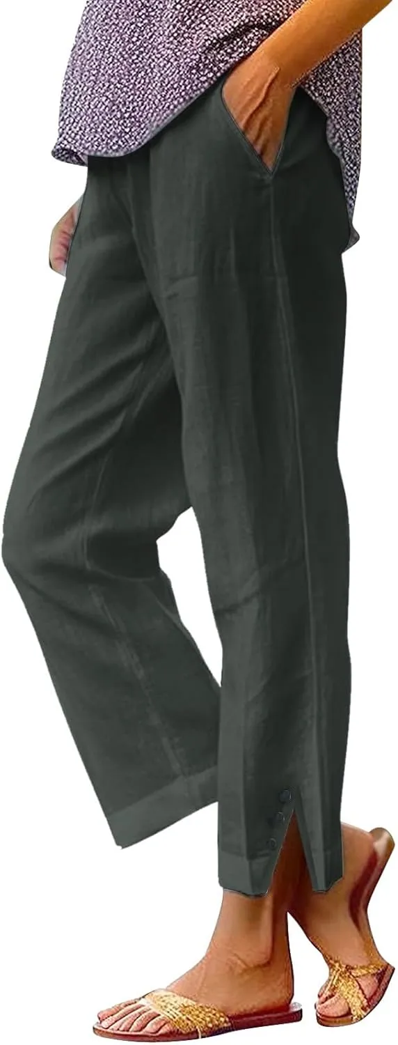 Cropped Linen Pants Women Summer Elastic Waist Straight Leg Plus Size Crop Pants Casual Beach Trousers with Pockets