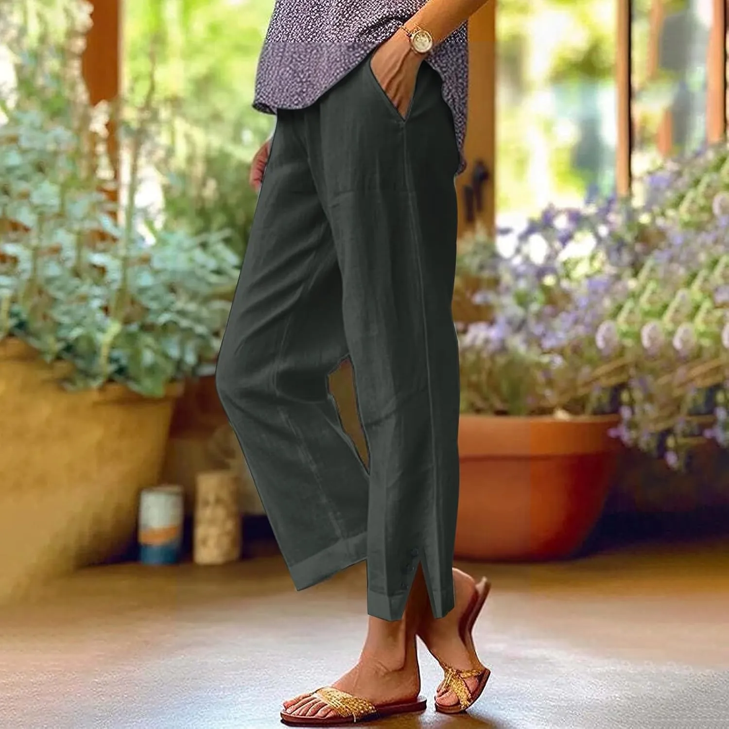 Cropped Linen Pants Women Summer Elastic Waist Straight Leg Plus Size Crop Pants Casual Beach Trousers with Pockets