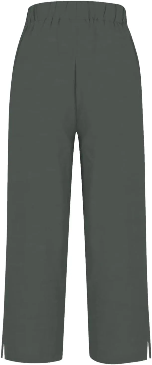 Cropped Linen Pants Women Summer Elastic Waist Straight Leg Plus Size Crop Pants Casual Beach Trousers with Pockets