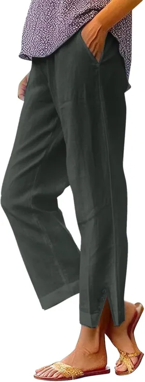 Cropped Linen Pants Women Summer Elastic Waist Straight Leg Plus Size Crop Pants Casual Beach Trousers with Pockets