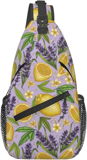 Cross Body Sling Bag For Women Men Lavender Flowers Lemon Slices Crossbody Bag Anti Theft Chest Bag Shoulder Backpack Travel Hiking Daypack Large Sling Cross Body Bag