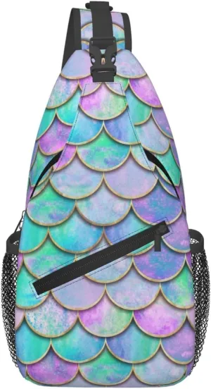 Cross Body Sling Bag For Women Men Retro Green Pink Fish Scale Crossbody Bag Anti Theft Chest Bag Shoulder Backpack Travel Hiking Daypack Large Sling Cross Body Bag