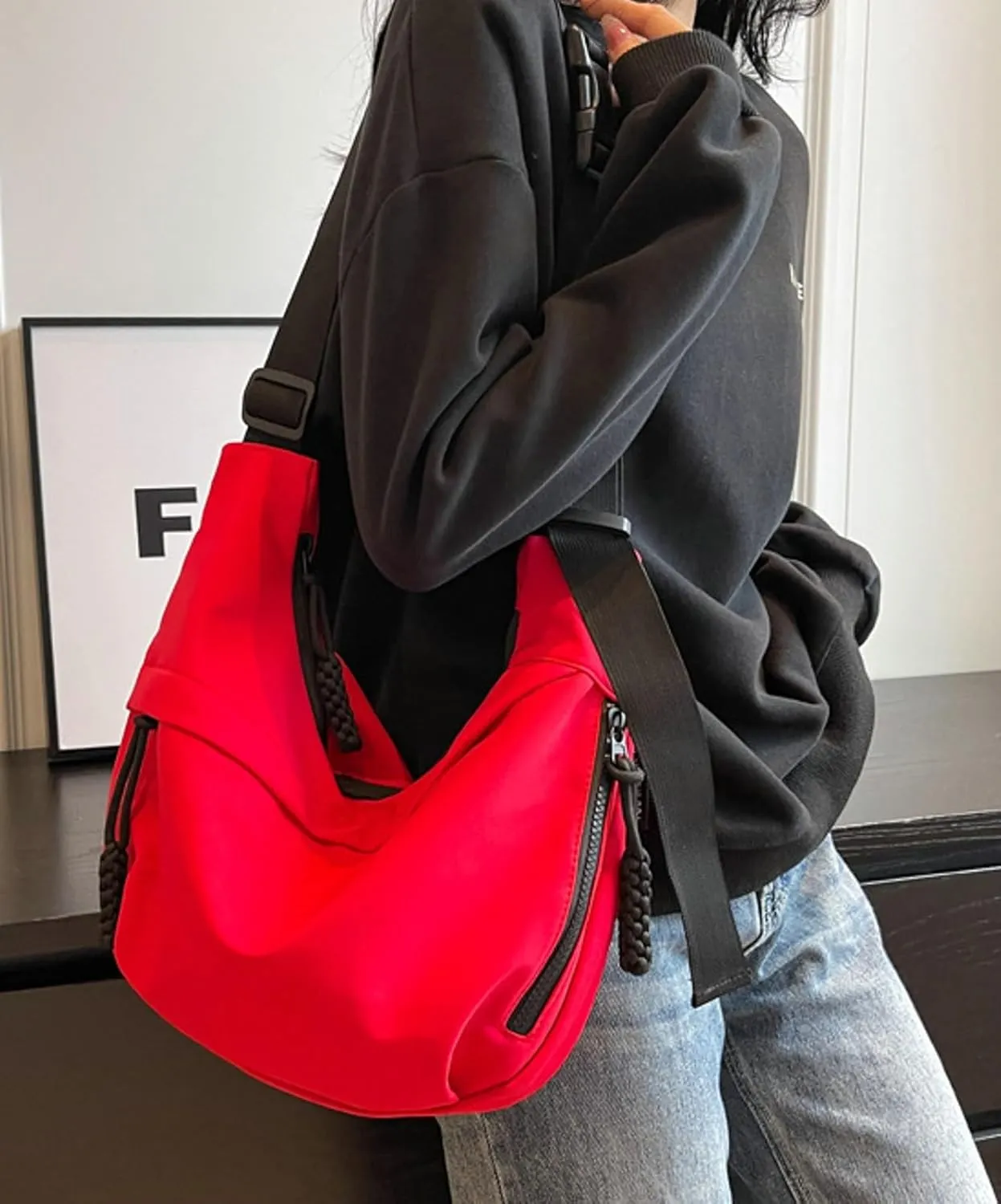Crossbody Bag Unisex Multi-Pocket Nylon Sport Crescent Shoulder Purse Oxford Braid Zip Slouchy Dumpling Bag