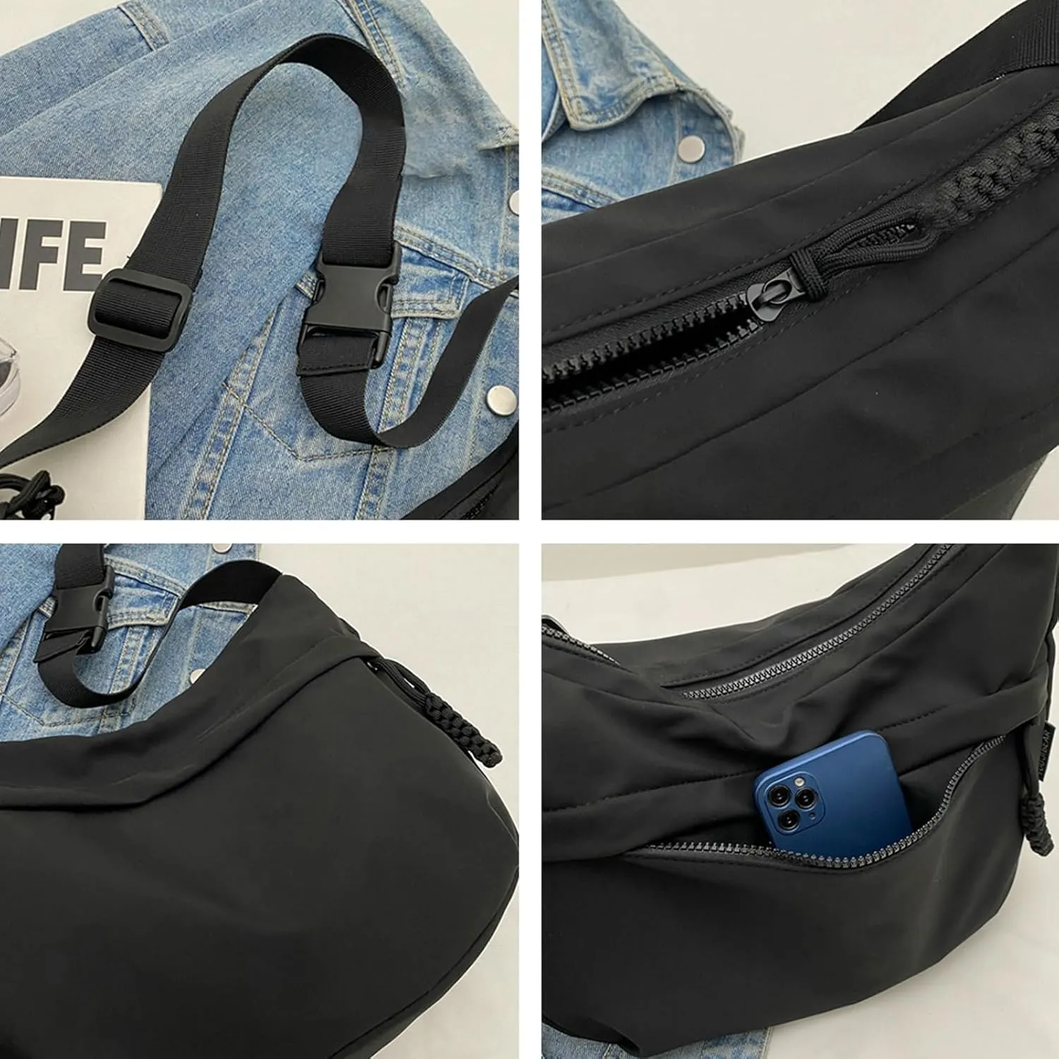 Crossbody Bag Unisex Multi-Pocket Nylon Sport Crescent Shoulder Purse Oxford Braid Zip Slouchy Dumpling Bag