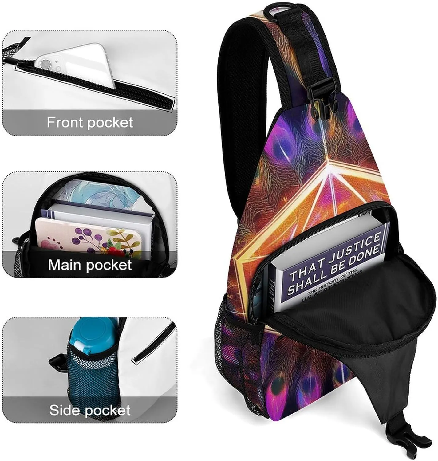 Crossbody Bags for Men, Travel Casual Sling Backpack Colorful Tattoo Trippy Acid Eye Gym Chest Bag Large Capacity Shoulder Backpack for Sport