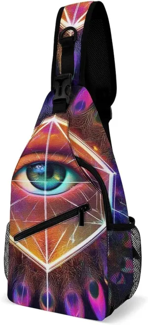 Crossbody Bags for Men, Travel Casual Sling Backpack Colorful Tattoo Trippy Acid Eye Gym Chest Bag Large Capacity Shoulder Backpack for Sport
