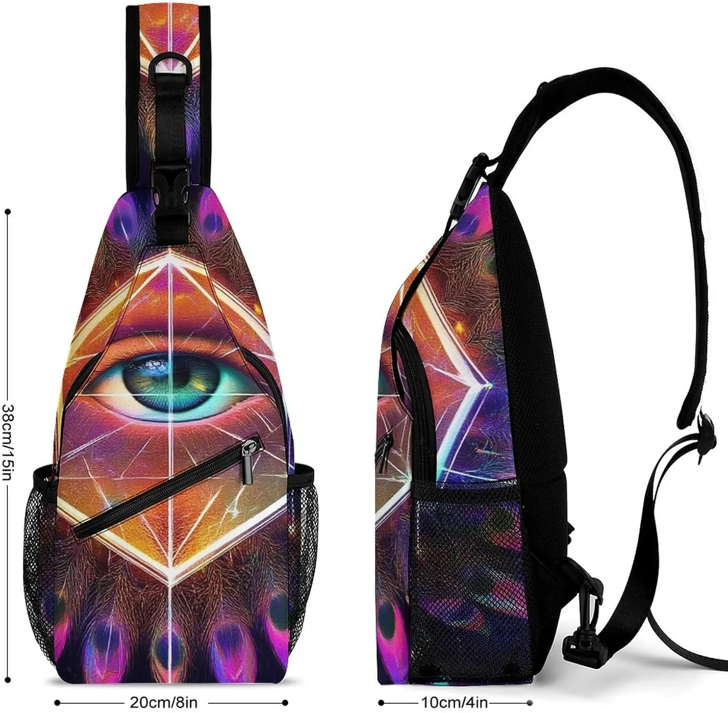 Crossbody Bags for Men, Travel Casual Sling Backpack Colorful Tattoo Trippy Acid Eye Gym Chest Bag Large Capacity Shoulder Backpack for Sport