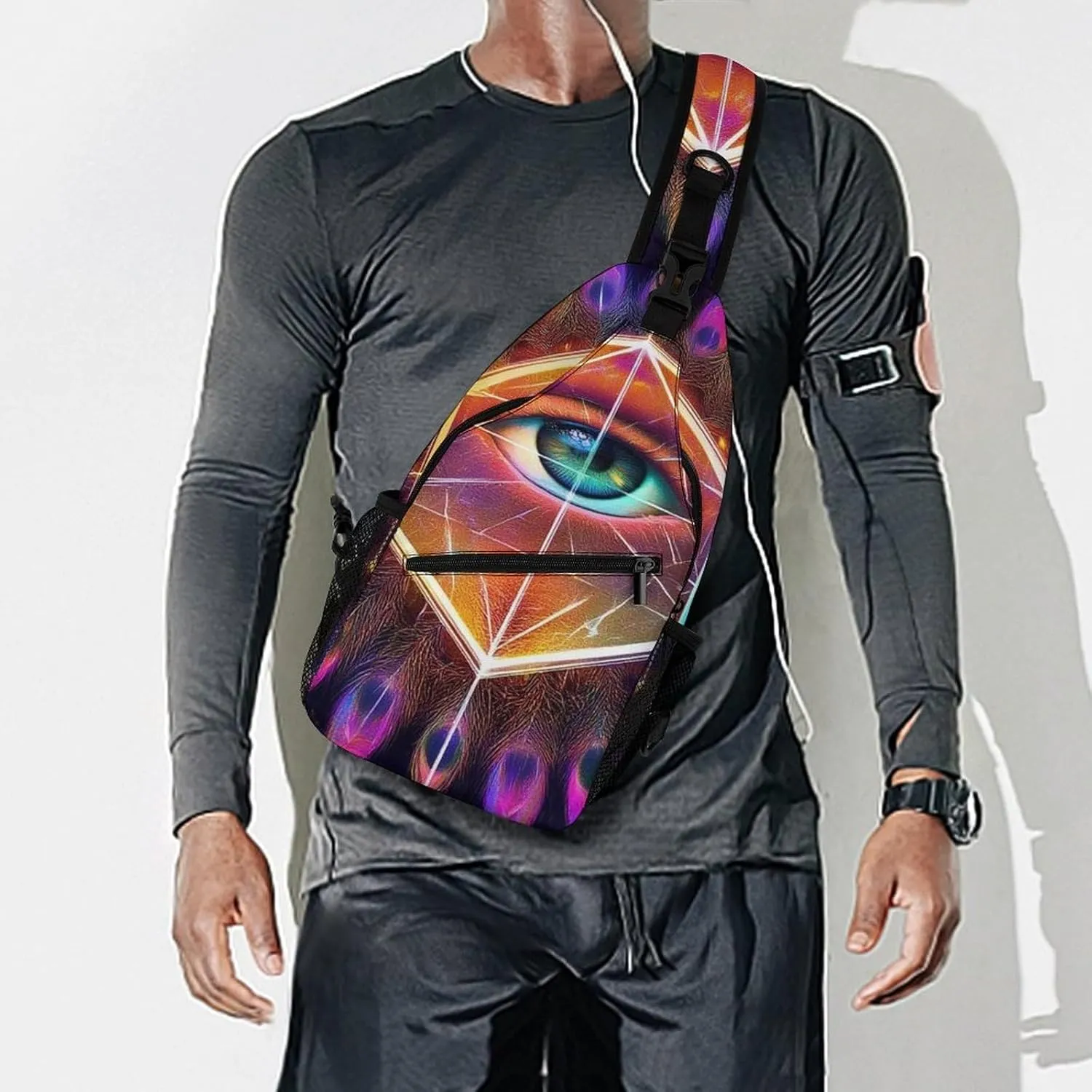 Crossbody Bags for Men, Travel Casual Sling Backpack Colorful Tattoo Trippy Acid Eye Gym Chest Bag Large Capacity Shoulder Backpack for Sport