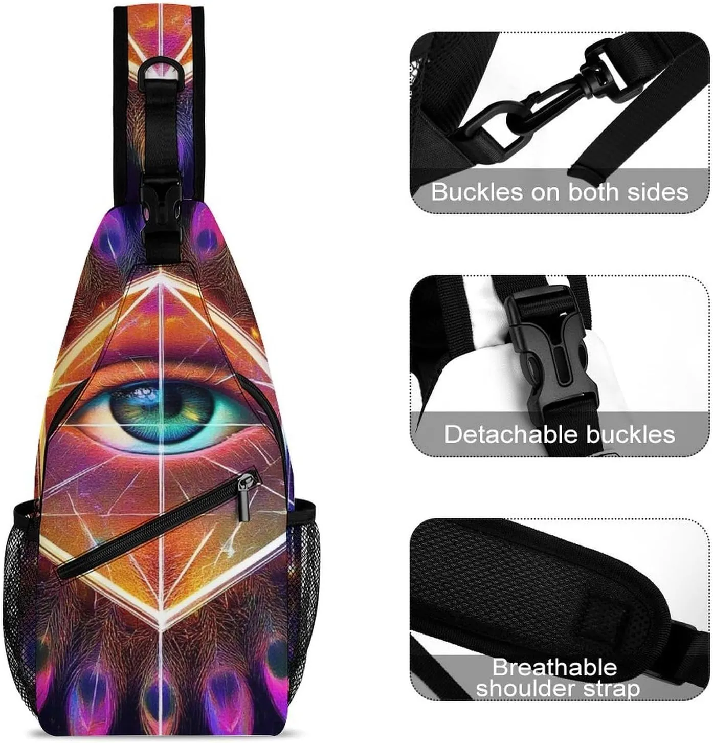 Crossbody Bags for Men, Travel Casual Sling Backpack Colorful Tattoo Trippy Acid Eye Gym Chest Bag Large Capacity Shoulder Backpack for Sport