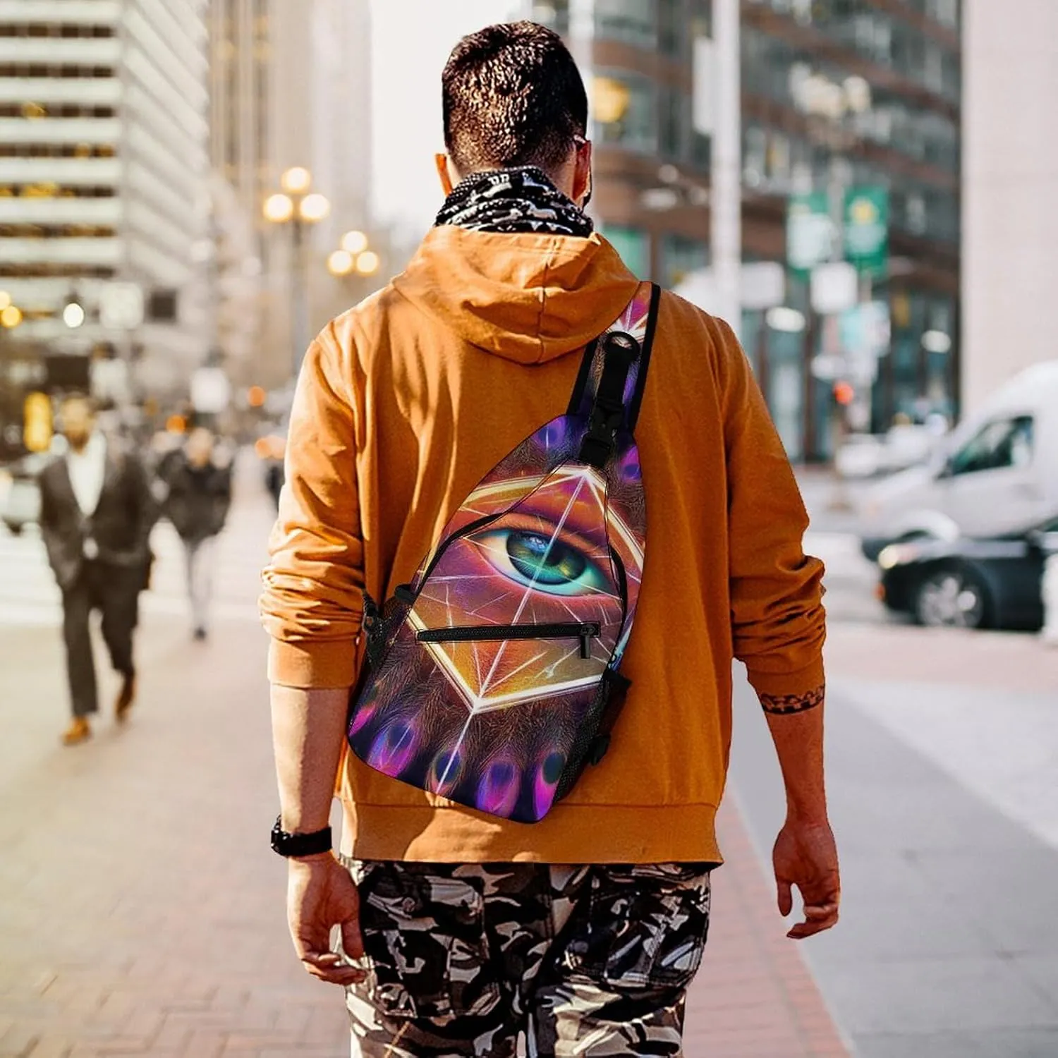 Crossbody Bags for Men, Travel Casual Sling Backpack Colorful Tattoo Trippy Acid Eye Gym Chest Bag Large Capacity Shoulder Backpack for Sport