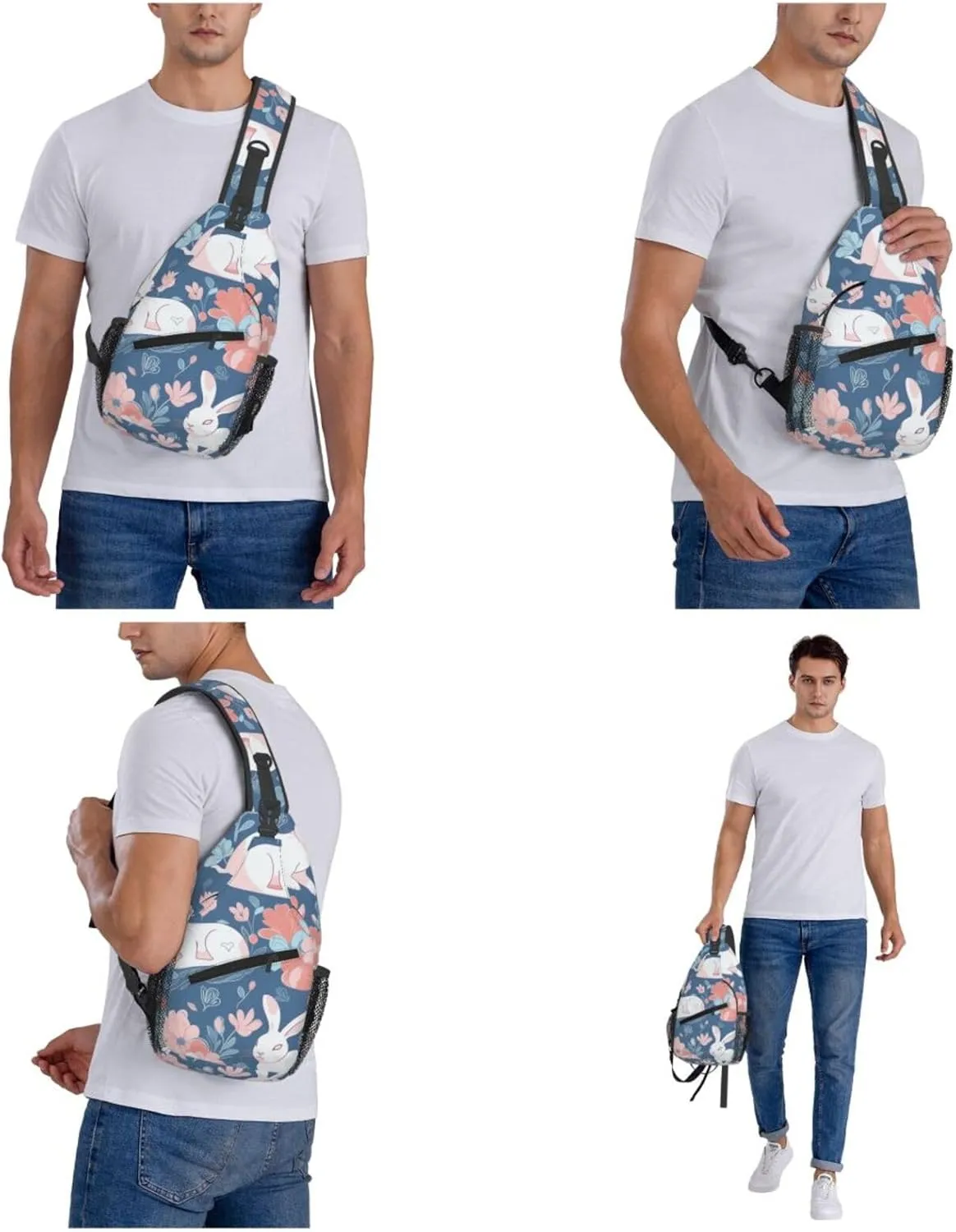 Crossbody Bags for Women Men Trendy Sling Bag Casual Chest Bag Two Rabbits Drinking Tea Shoulder Bag for Travel Sport