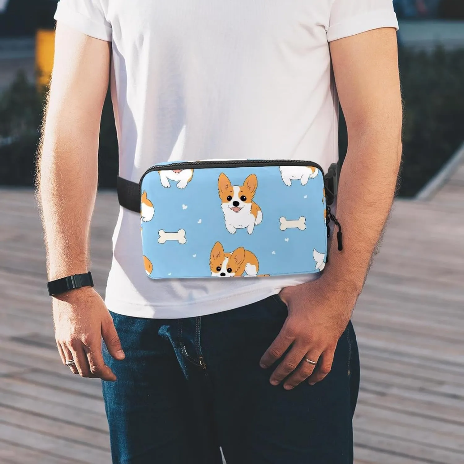 Crossbody Belt Bag for Women Men, Cute Corgis Blue Background Fanny Packs with Zipper Pockets,Waterproof Waist Packs with Adjustable Strap for Workout Running Traveling Hiking