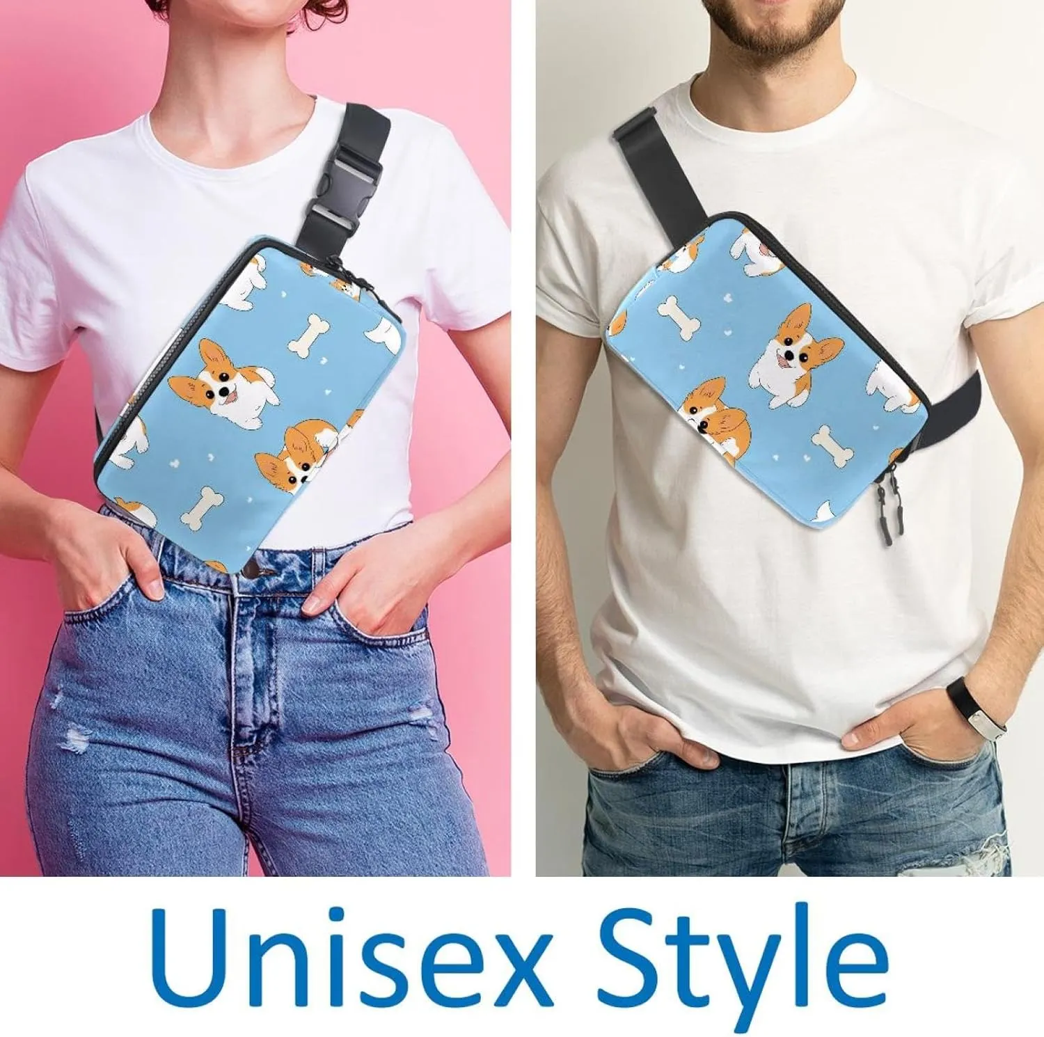 Crossbody Belt Bag for Women Men, Cute Corgis Blue Background Fanny Packs with Zipper Pockets,Waterproof Waist Packs with Adjustable Strap for Workout Running Traveling Hiking
