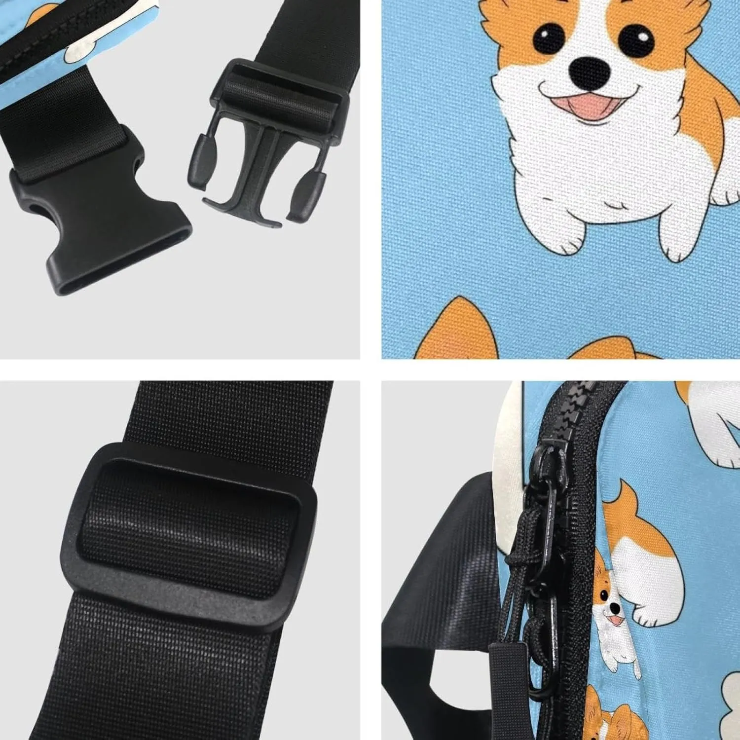 Crossbody Belt Bag for Women Men, Cute Corgis Blue Background Fanny Packs with Zipper Pockets,Waterproof Waist Packs with Adjustable Strap for Workout Running Traveling Hiking