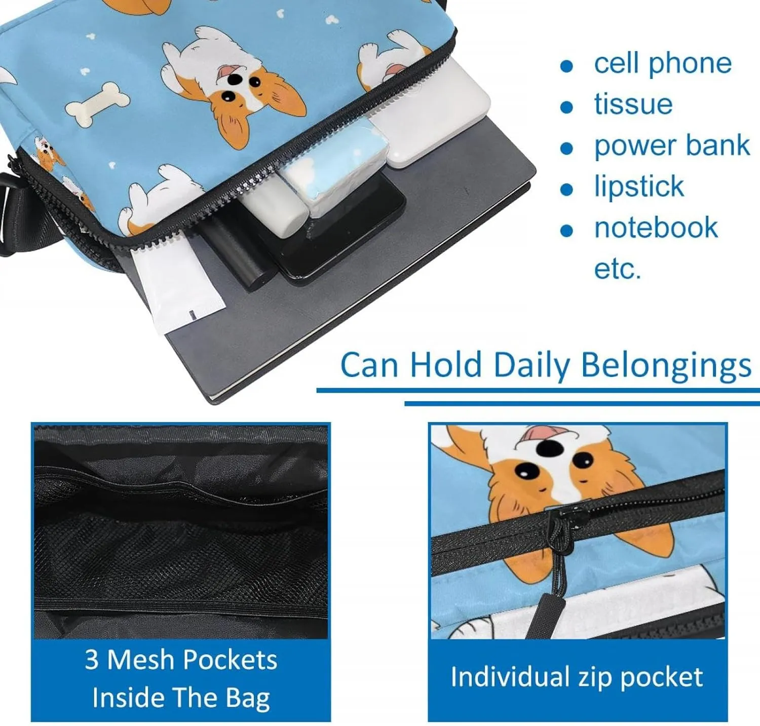 Crossbody Belt Bag for Women Men, Cute Corgis Blue Background Fanny Packs with Zipper Pockets,Waterproof Waist Packs with Adjustable Strap for Workout Running Traveling Hiking