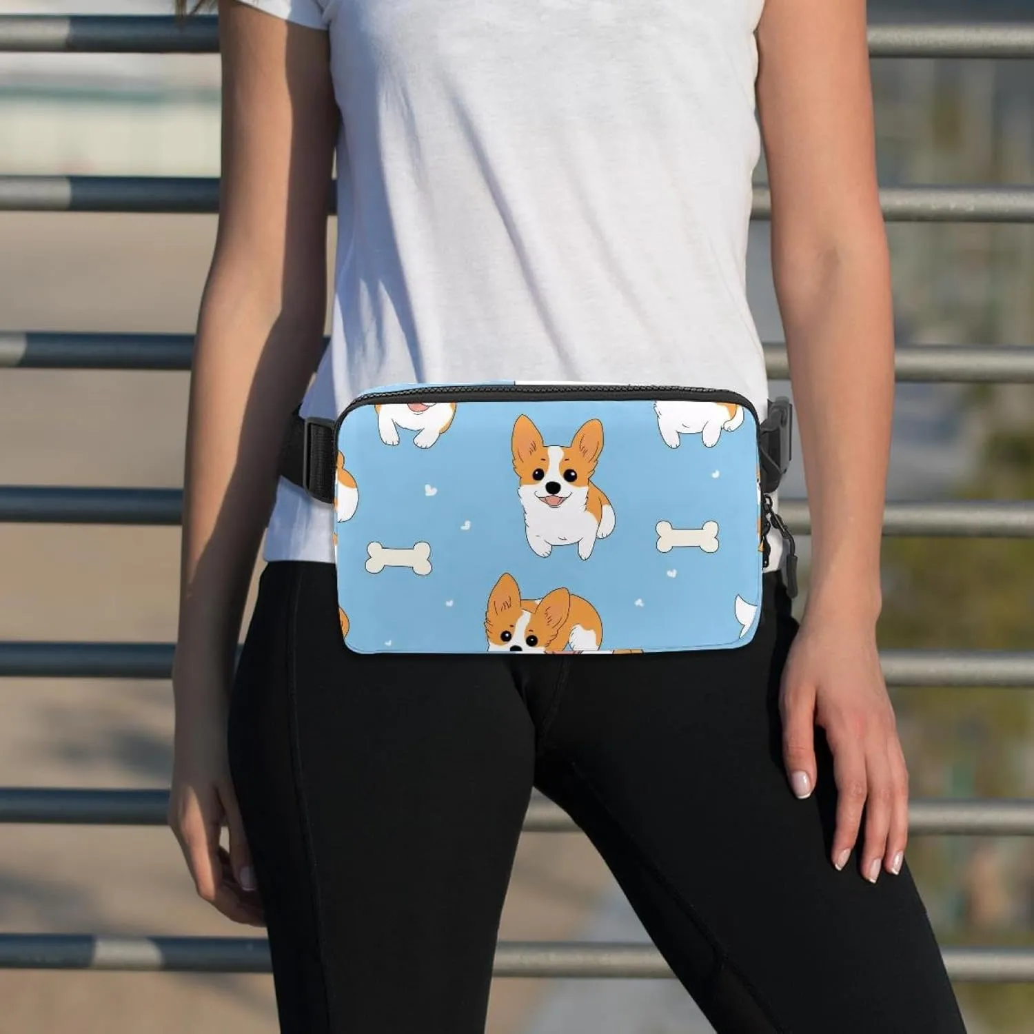 Crossbody Belt Bag for Women Men, Cute Corgis Blue Background Fanny Packs with Zipper Pockets,Waterproof Waist Packs with Adjustable Strap for Workout Running Traveling Hiking