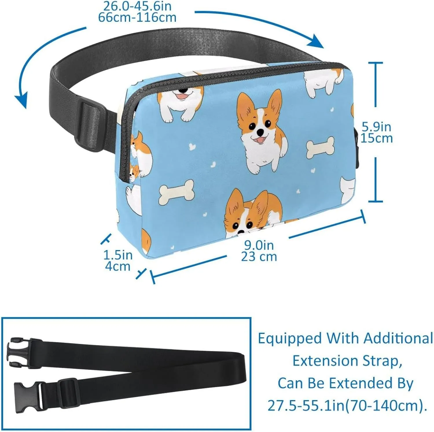 Crossbody Belt Bag for Women Men, Cute Corgis Blue Background Fanny Packs with Zipper Pockets,Waterproof Waist Packs with Adjustable Strap for Workout Running Traveling Hiking