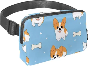 Crossbody Belt Bag for Women Men, Cute Corgis Blue Background Fanny Packs with Zipper Pockets,Waterproof Waist Packs with Adjustable Strap for Workout Running Traveling Hiking