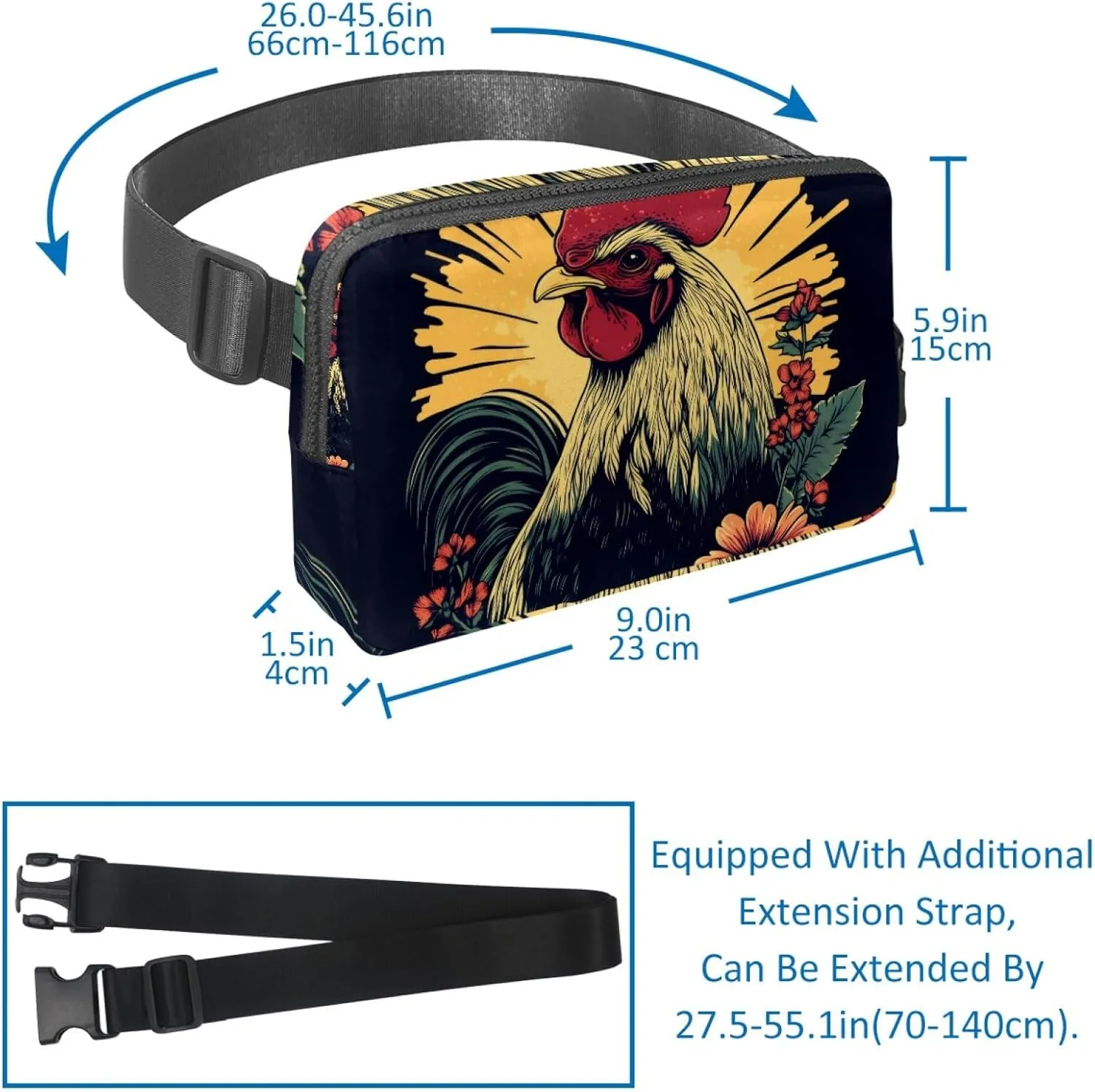 Crossbody Belt Bag for Women Men, Rooster Illustration Fanny Packs with Zipper Pockets,Waterproof Waist Packs with Adjustable Strap for Workout Running Traveling Hiking
