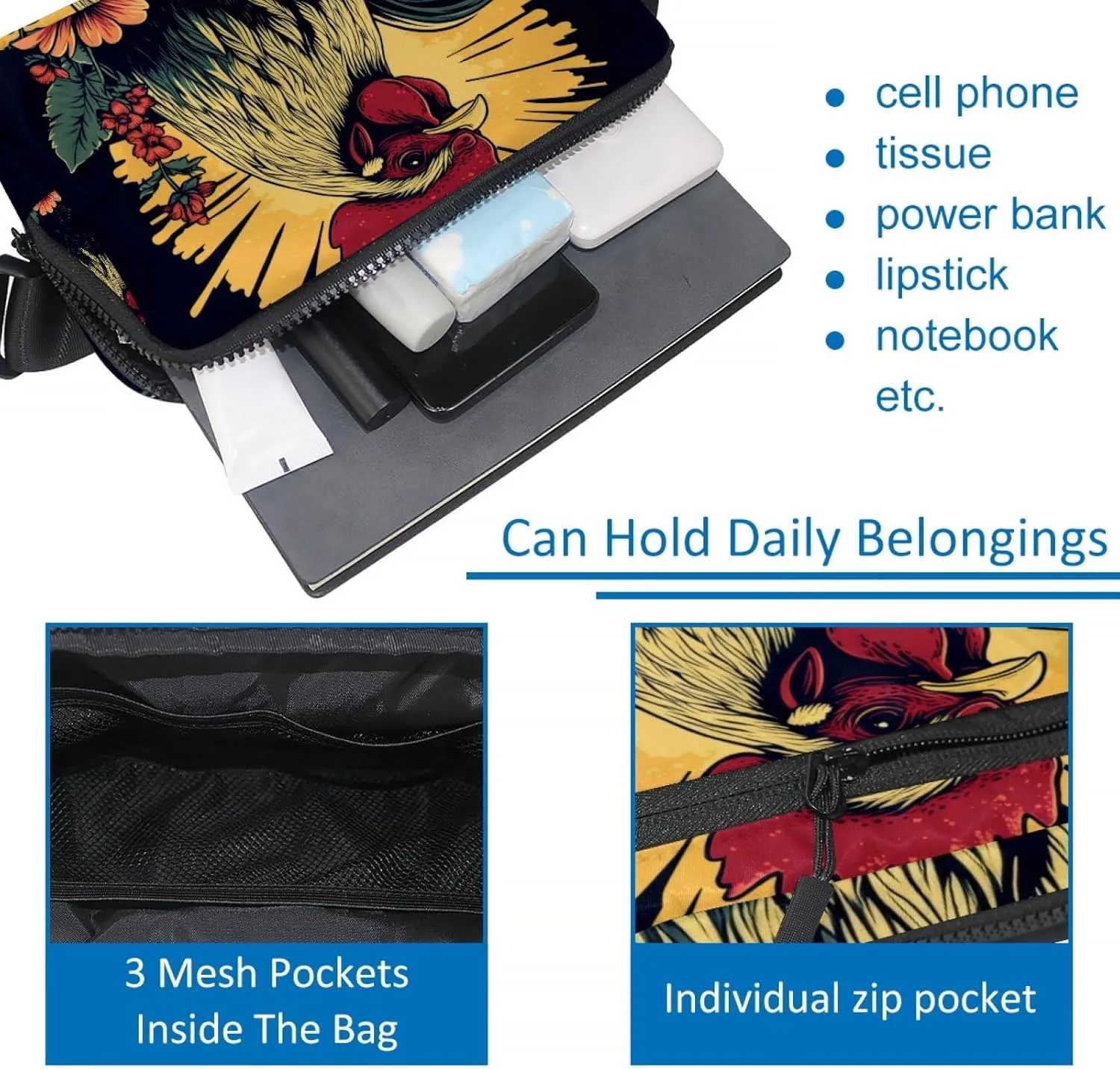 Crossbody Belt Bag for Women Men, Rooster Illustration Fanny Packs with Zipper Pockets,Waterproof Waist Packs with Adjustable Strap for Workout Running Traveling Hiking