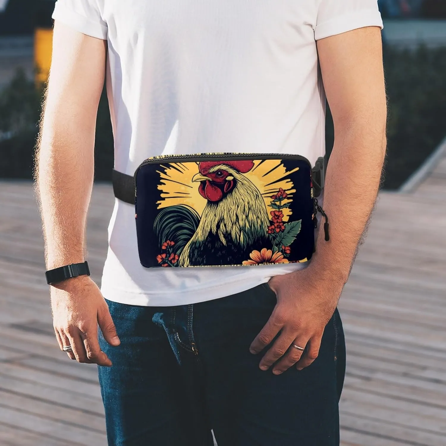 Crossbody Belt Bag for Women Men, Rooster Illustration Fanny Packs with Zipper Pockets,Waterproof Waist Packs with Adjustable Strap for Workout Running Traveling Hiking
