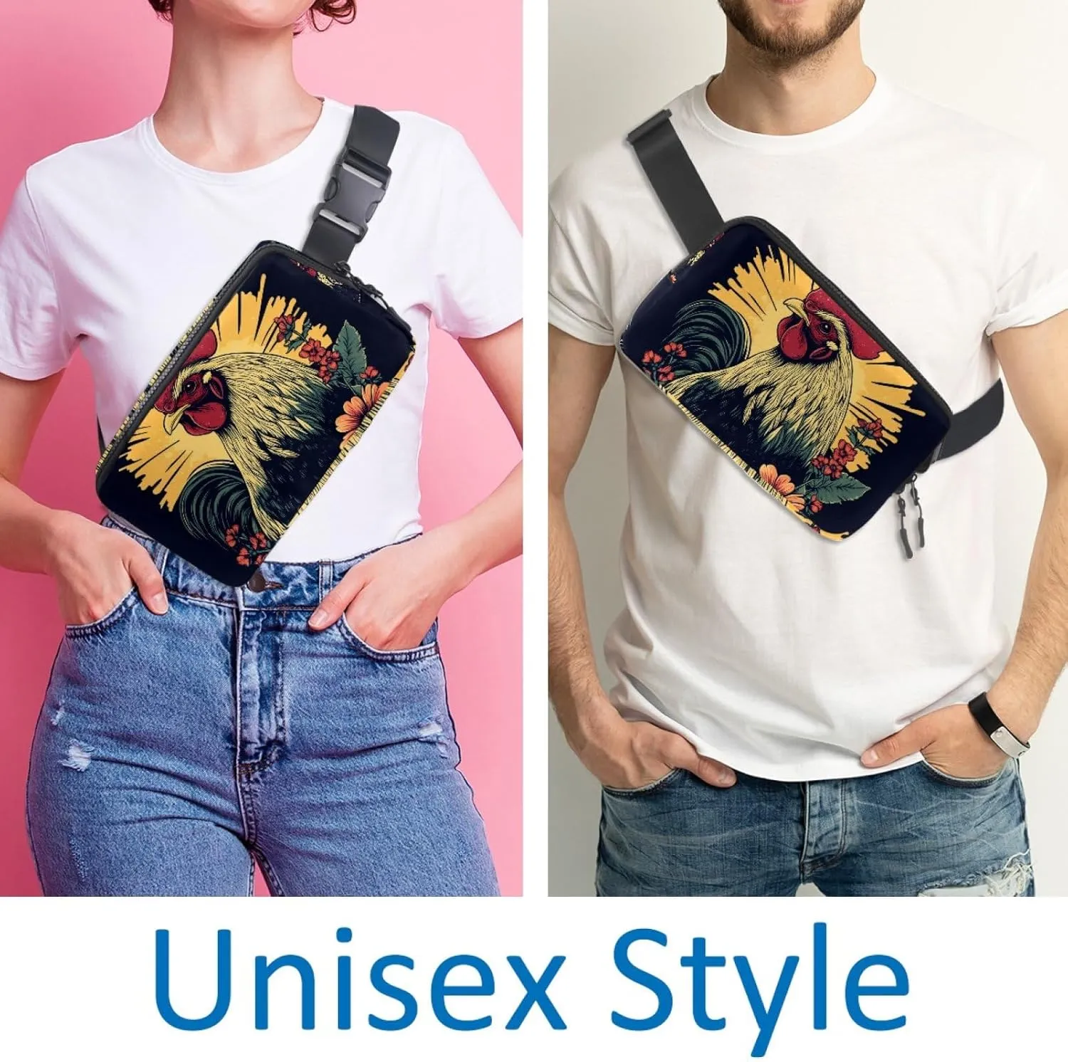 Crossbody Belt Bag for Women Men, Rooster Illustration Fanny Packs with Zipper Pockets,Waterproof Waist Packs with Adjustable Strap for Workout Running Traveling Hiking