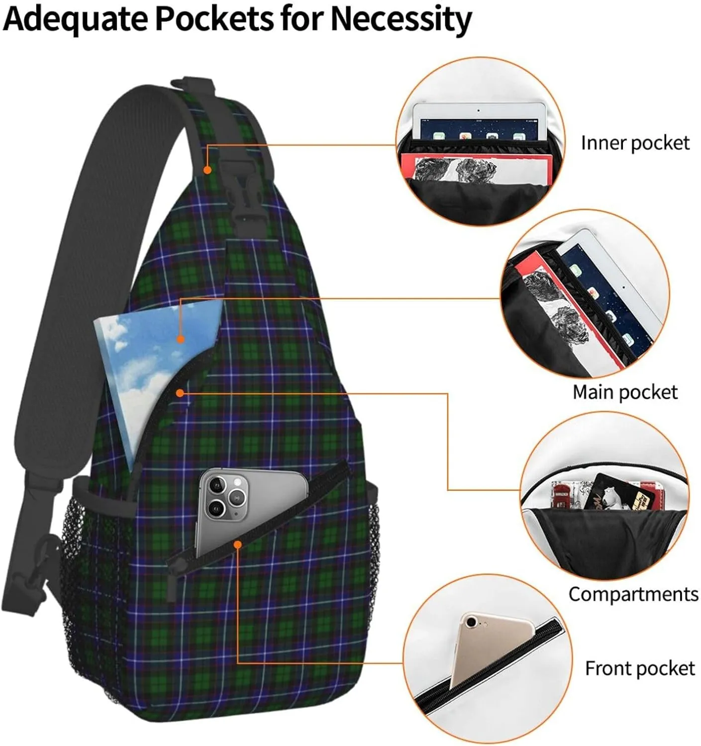 Crossbody Sling Backpack Clan Russell Tartan Shoulder Chest Bag Daypack for Traveling Sport