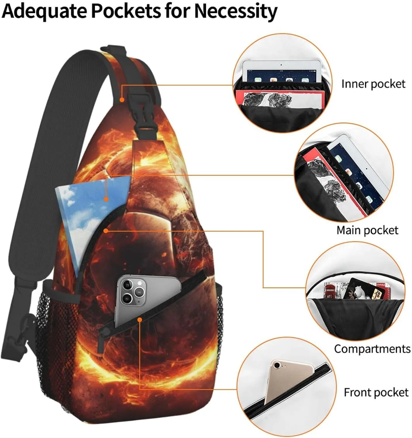 Crossbody Sling Backpack Sling Bag For Men Women Cross Chest Bag Shoulder Bag Football On Fire Travel Hiking Daypack