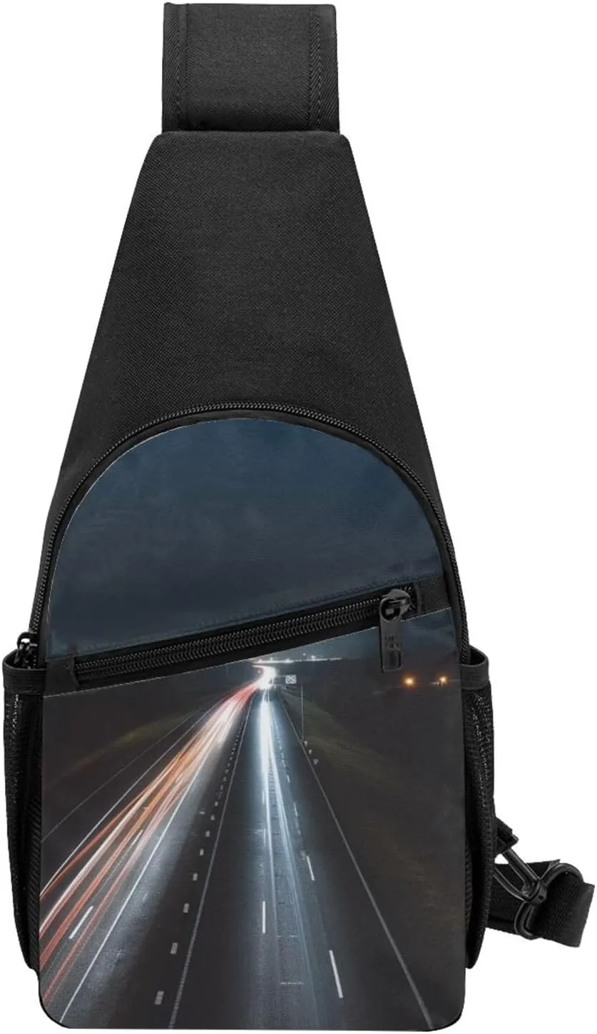 Crossbody Sling Backpack Sling Bag for Men Women Cross Chest Bag Shoulder Bag Highway at night Travel Hiking Daypack