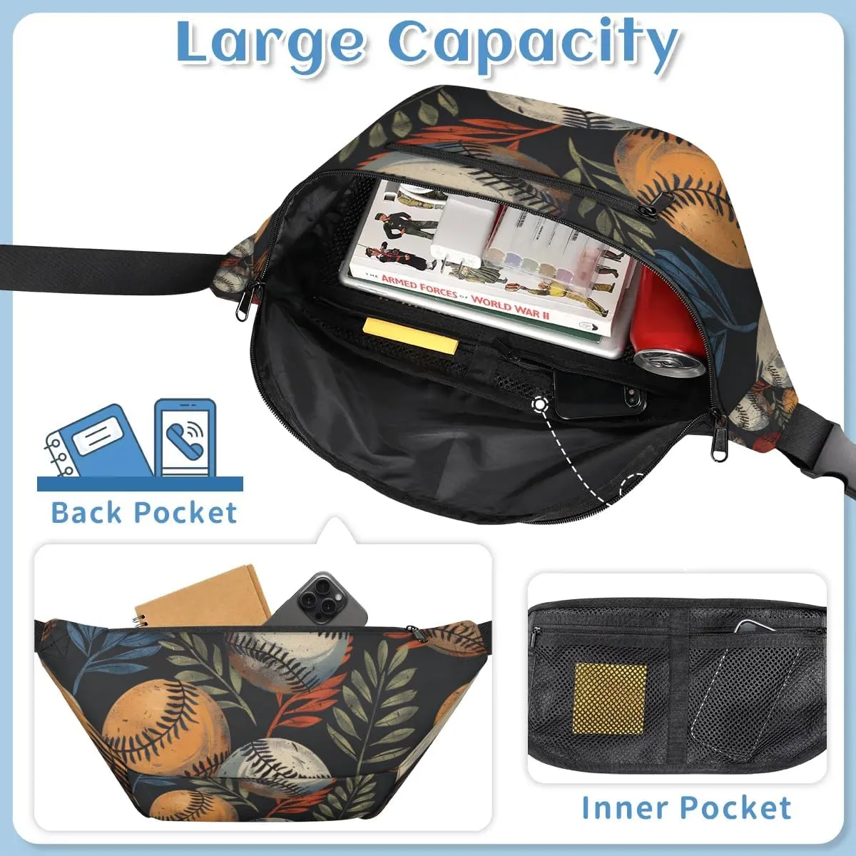 Crossbody Sling Bags for Women Men Baseball Leaves Casual Sling Backpack Daypack Chest Bag for Travel Sport Hiking Running