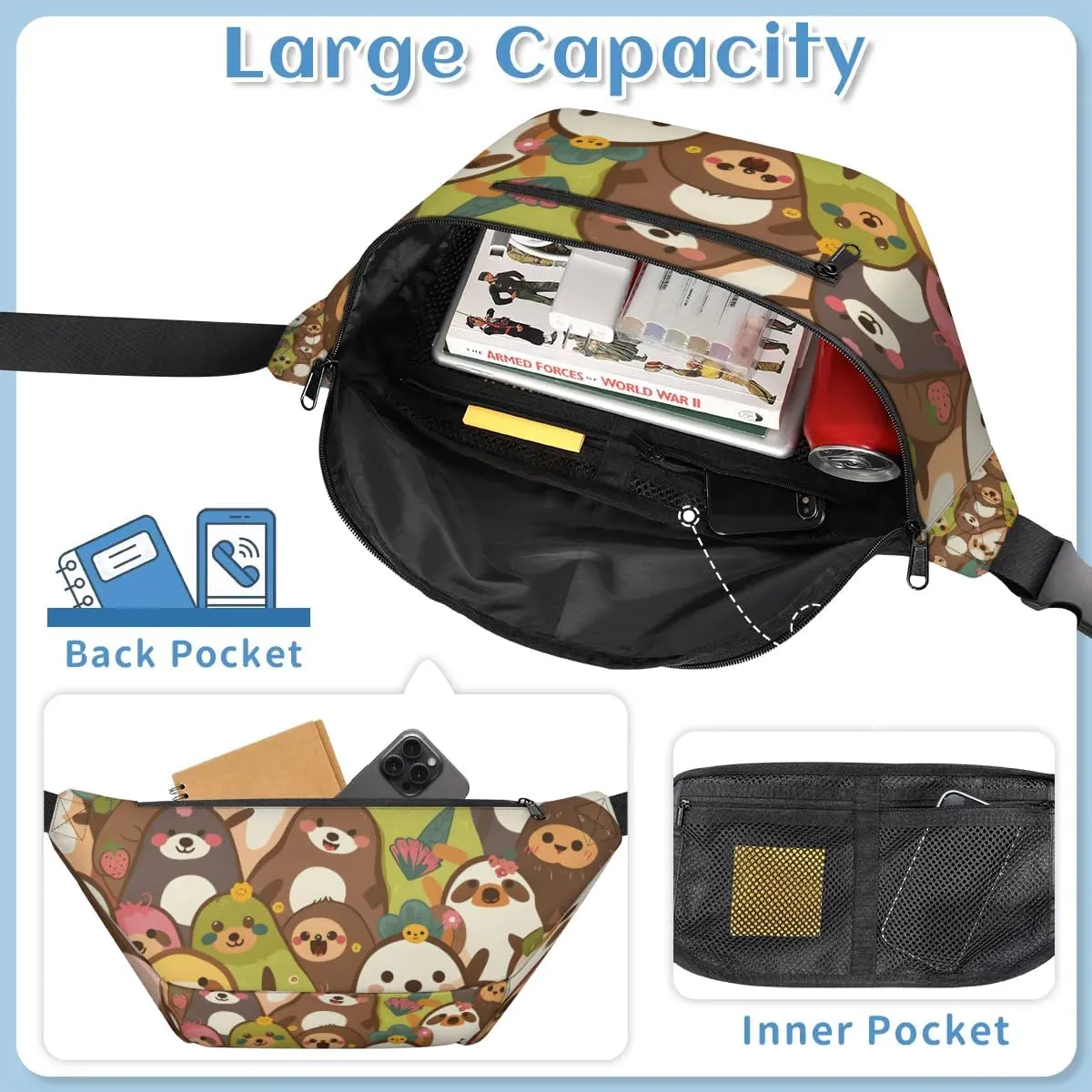 Crossbody Sling Bags for Women Men Cartoon Sloth Casual Sling Backpack Daypack Chest Bag for Travel Sport Hiking Running