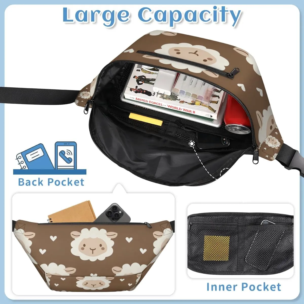 Crossbody Sling Bags for Women Men Cute Sheep Heart Casual Sling Backpack Daypack Chest Bag for Travel Sport Hiking Running