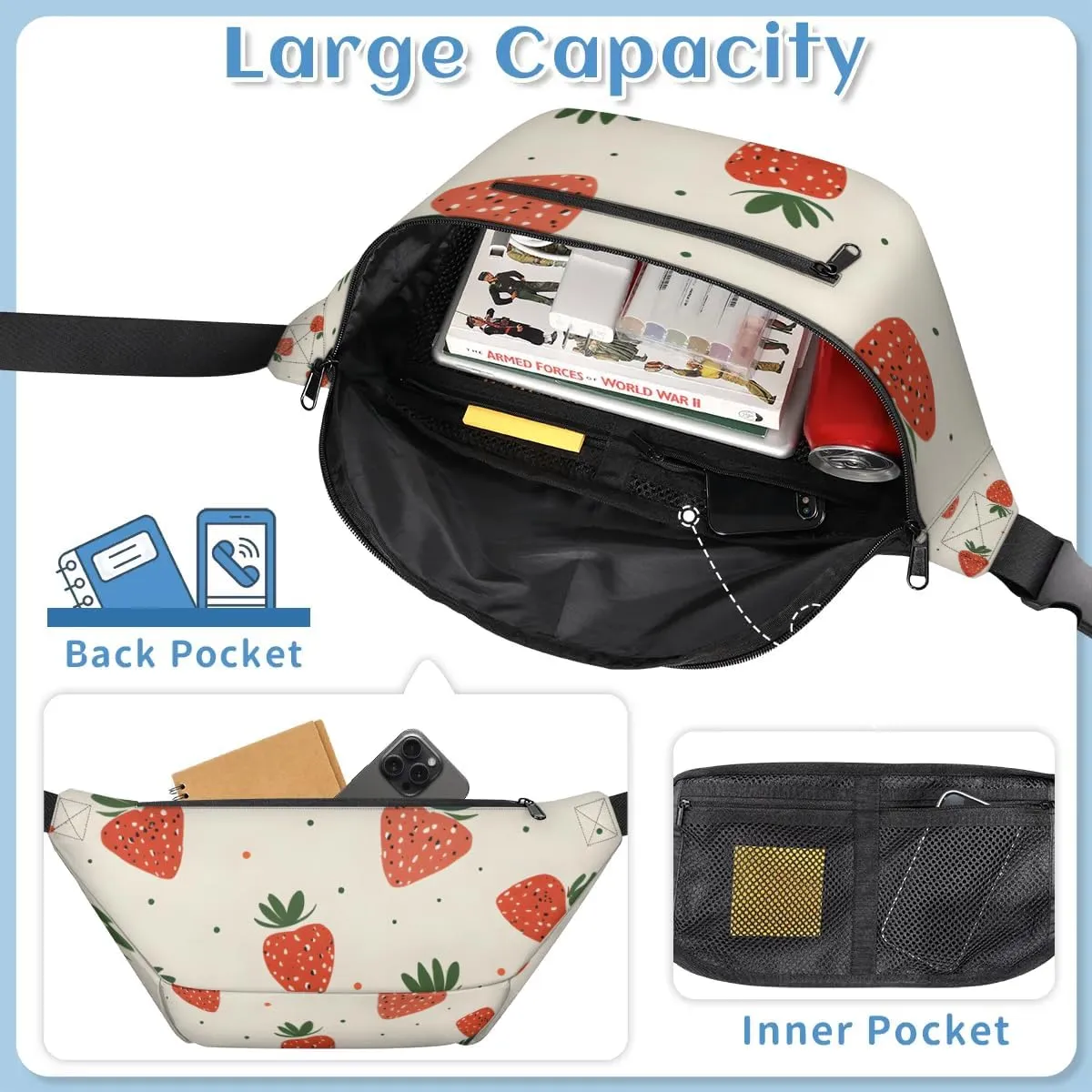 Crossbody Sling Bags for Women Men Cute Strawberry Print Casual Sling Backpack Daypack Chest Bag for Travel Sport Hiking Running