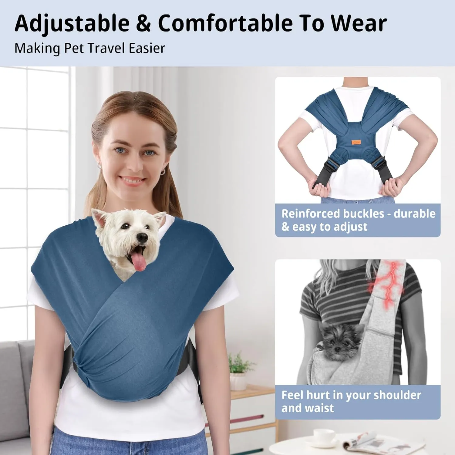 CUBY Swaddle Dog Sling Carrier for Small Dogs, Front Pet Sling Carrier Chest,Hands Free Adjustable Cat Sling Carrier Soft Cotton Reducing Pain Puppy Sling Carrier for Small Pet Up to 11lb (Blue)