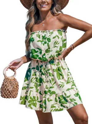 CUPSHE Women Floral Mini Summer Dress Tiered Ruffle Tube Front Button Elastic Waist Tie Casual Holiday Beach Dresses