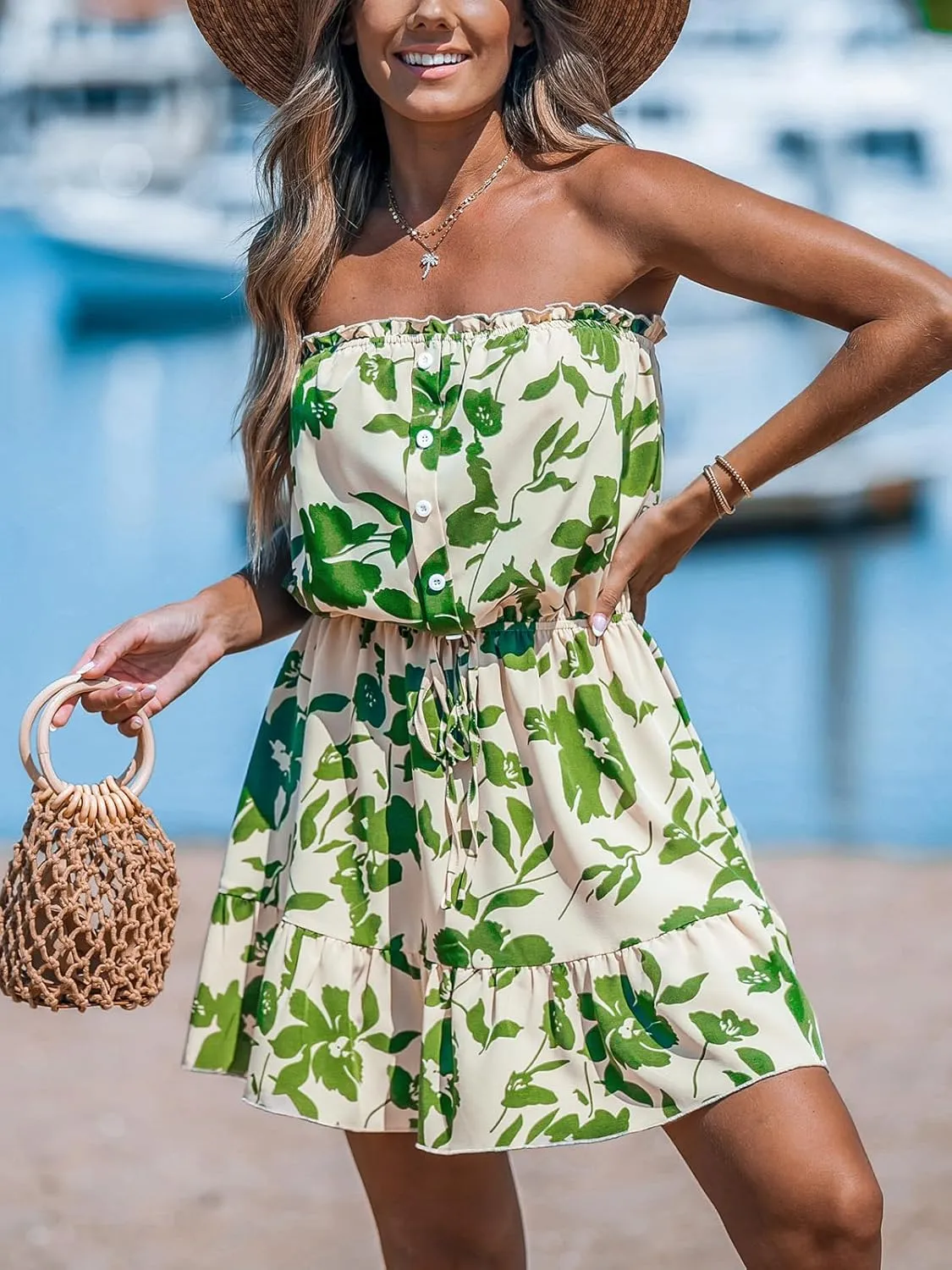 CUPSHE Women Floral Mini Summer Dress Tiered Ruffle Tube Front Button Elastic Waist Tie Casual Holiday Beach Dresses