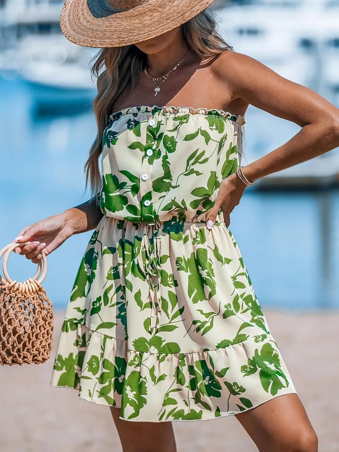 CUPSHE Women Floral Mini Summer Dress Tiered Ruffle Tube Front Button Elastic Waist Tie Casual Holiday Beach Dresses