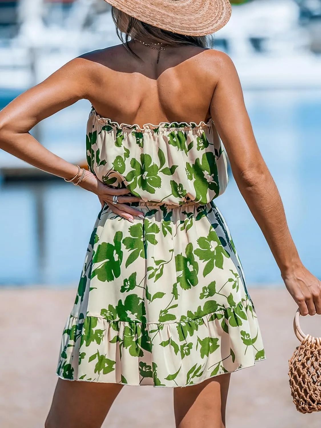 CUPSHE Women Floral Mini Summer Dress Tiered Ruffle Tube Front Button Elastic Waist Tie Casual Holiday Beach Dresses