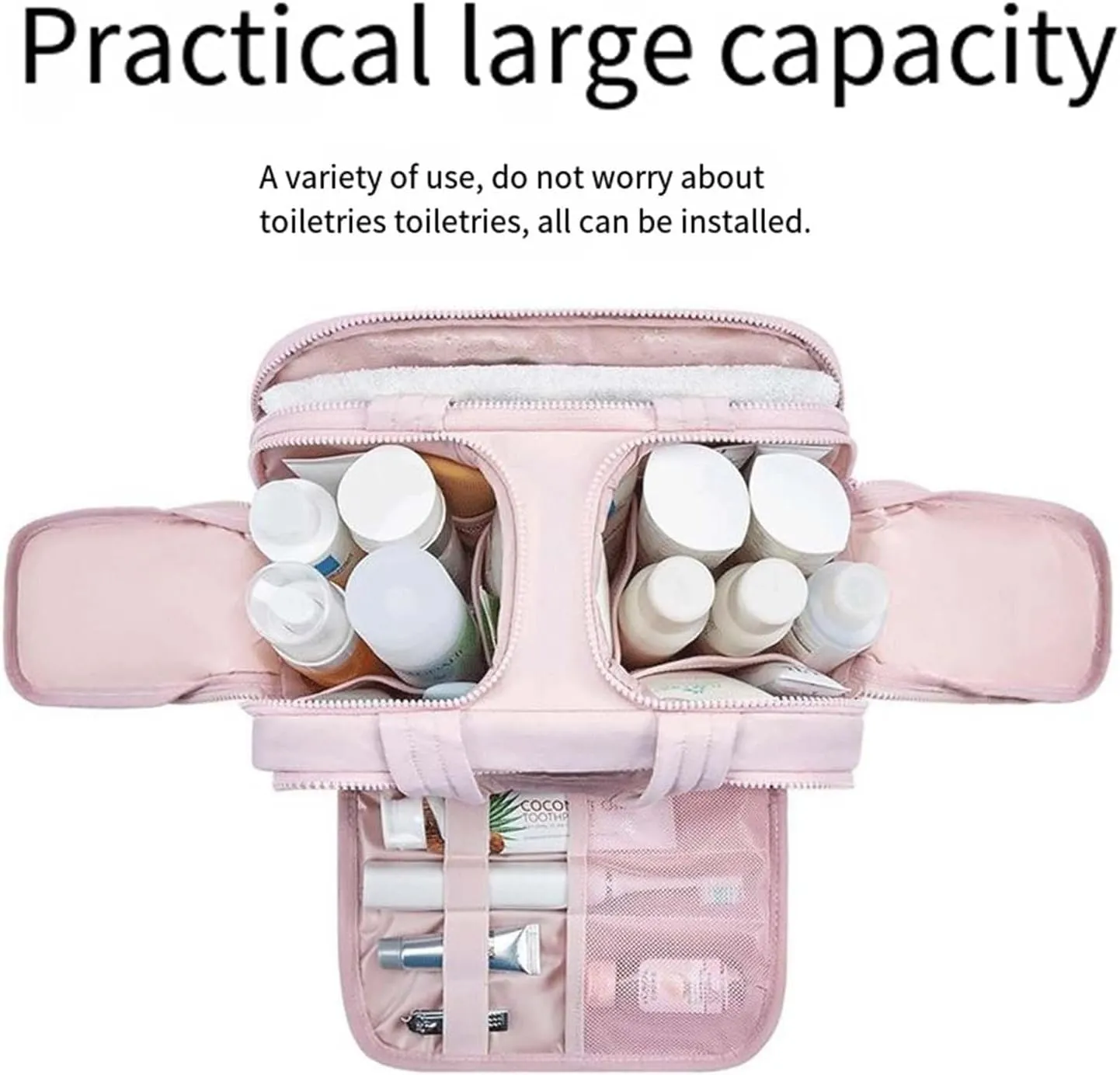 Cureaway Travel Cosmetic Bag, Cureaway Toiletry Bag, Large Capacity Wide-Open Travel Cosmetic Bag, Waterproof Portable Pouch Open Flat Toiletry Bags, for Women with Divider and Handle (Blue)