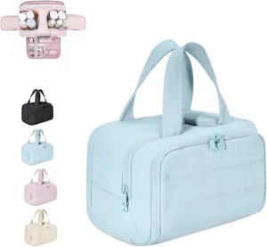 Cureaway Travel Cosmetic Bag, Cureaway Toiletry Bag, Large Capacity Wide-Open Travel Cosmetic Bag, Waterproof Portable Pouch Open Flat Toiletry Bags, for Women with Divider and Handle (Blue)